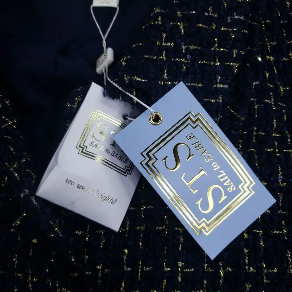 Sail to‎ Sable Tweed Coat Womens Size Large Long Blue Gold Button Front Sequence